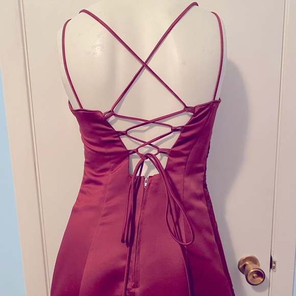 Burgundy A-Line Ball Gown with floral beaded design and lace up back - Picture 4 of 6
